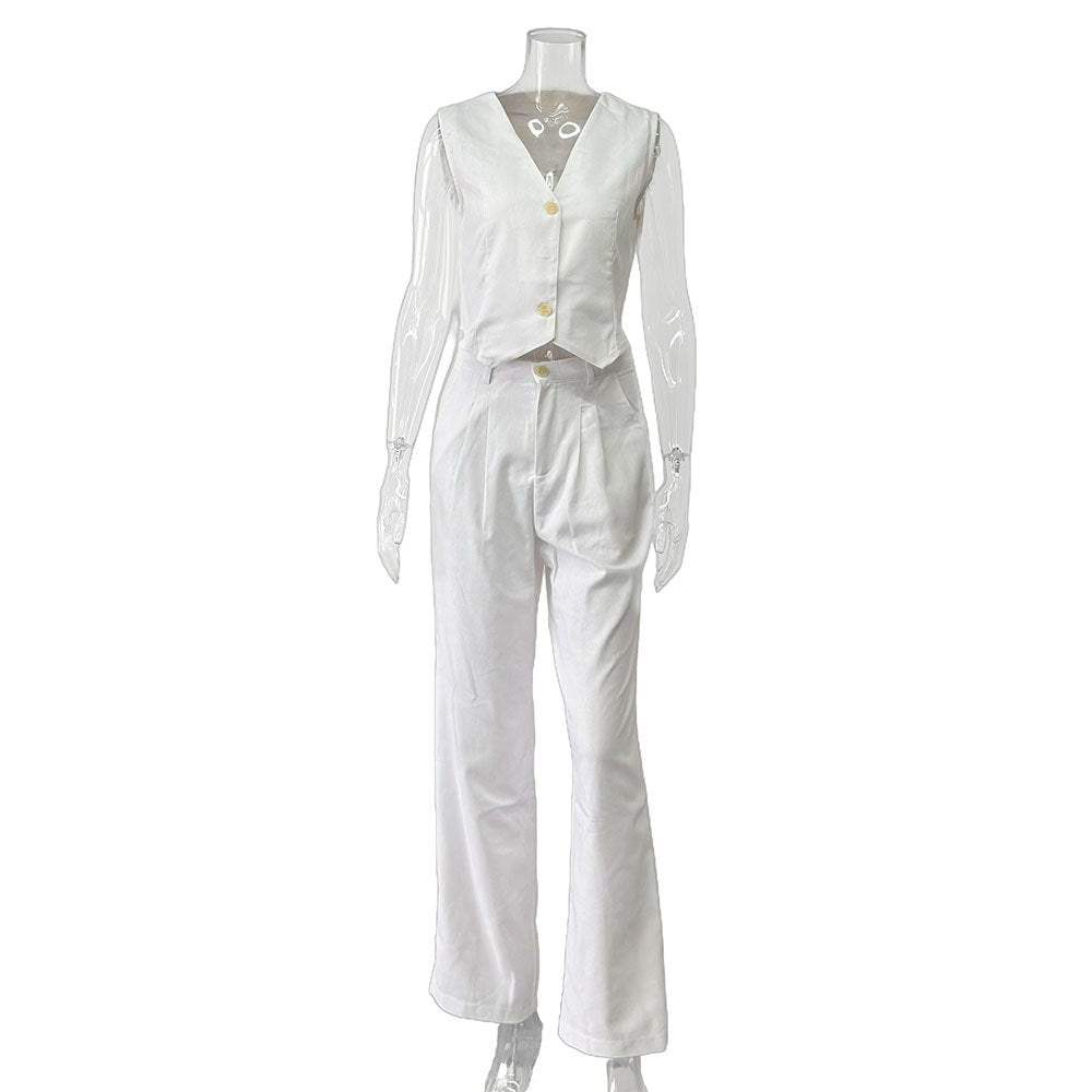 Classy lady linen two-piece set full length model