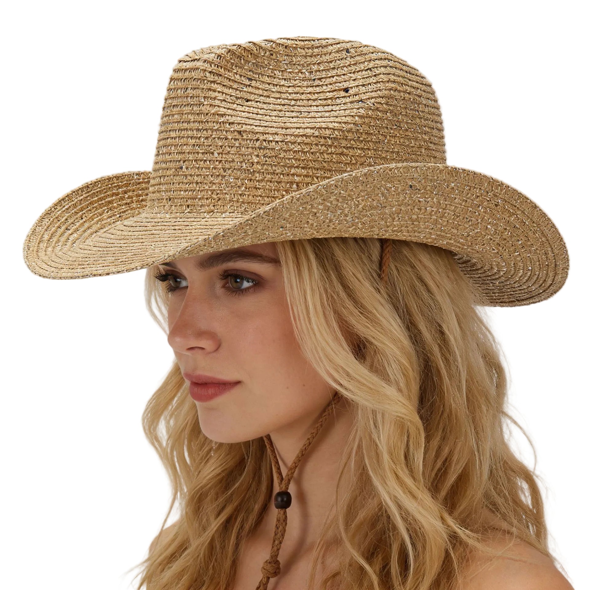 Woman wearing a straw hat against a plain background