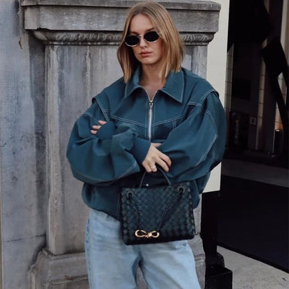 Lapel zip moto jacket full length