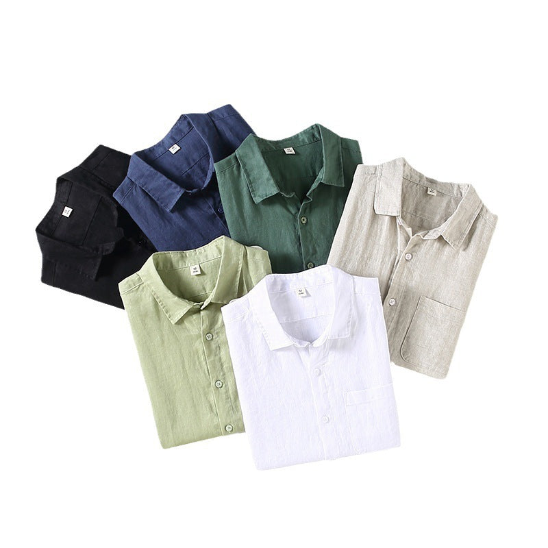 Men's short sleeve linen shirt collar detail