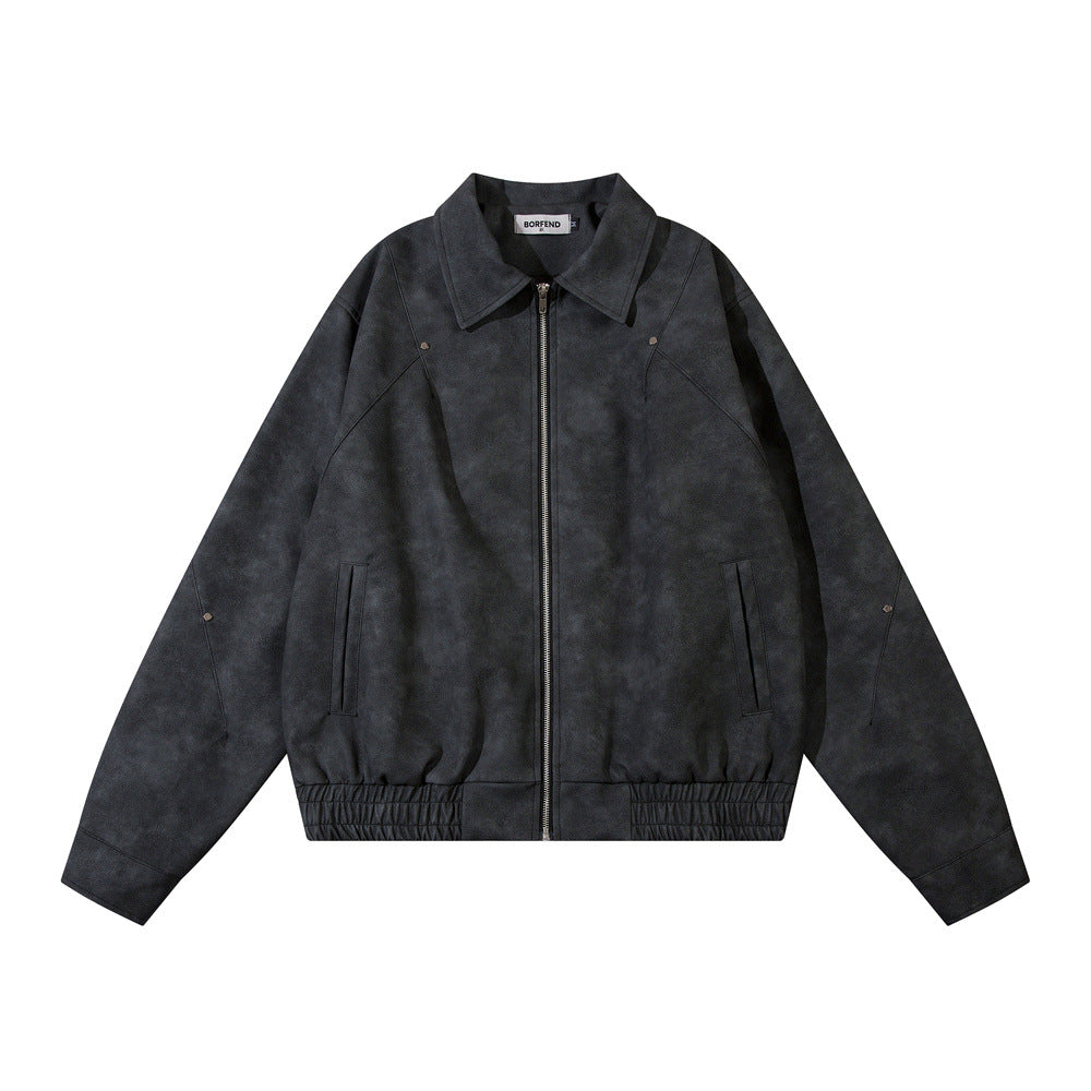 Men's polo collar leather coat full length model