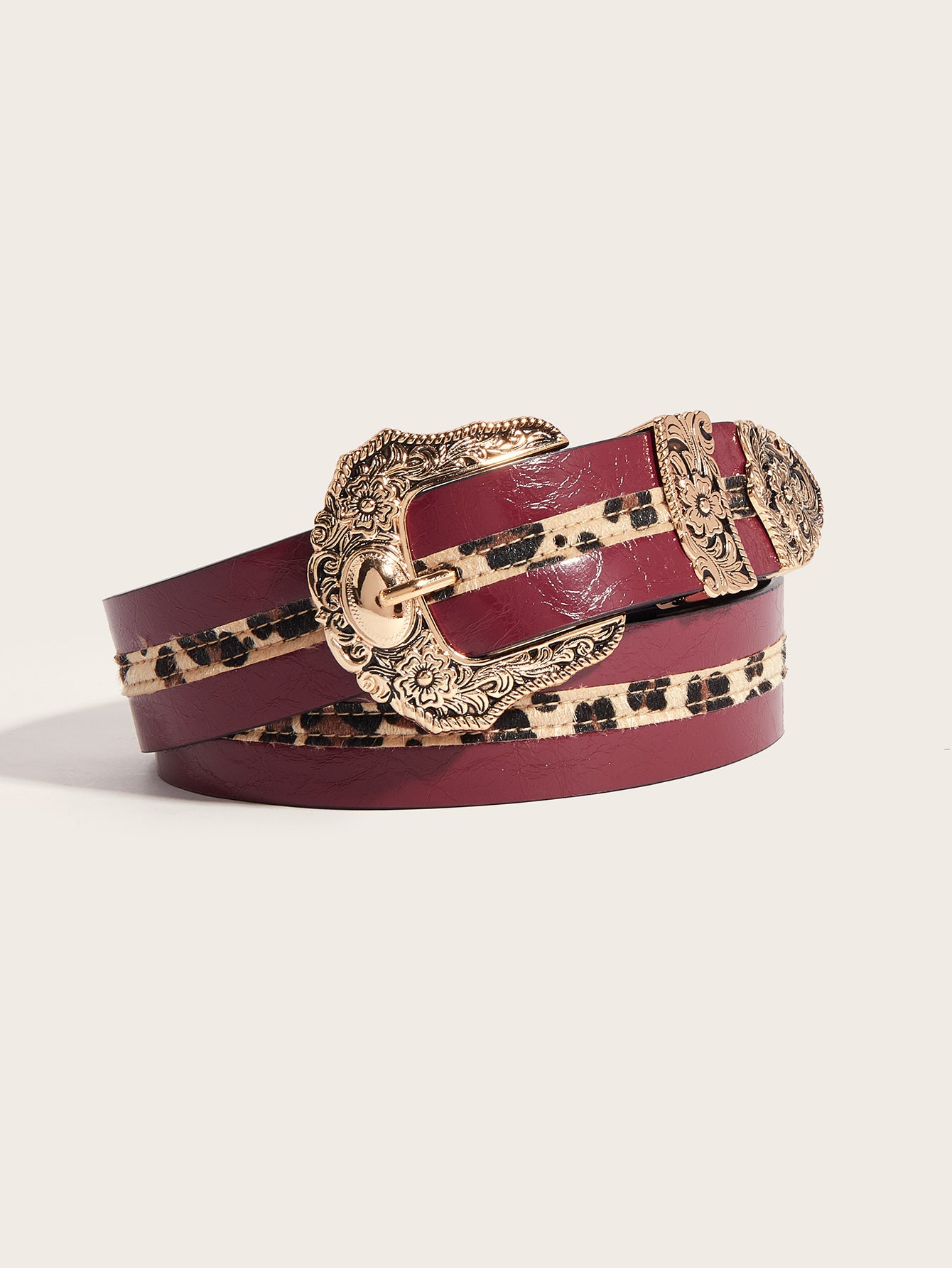 Carved-buckle Leather Belt