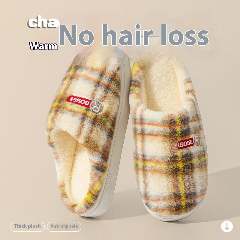 Plush plaid home shoes top view