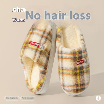 Plush plaid home shoes top view