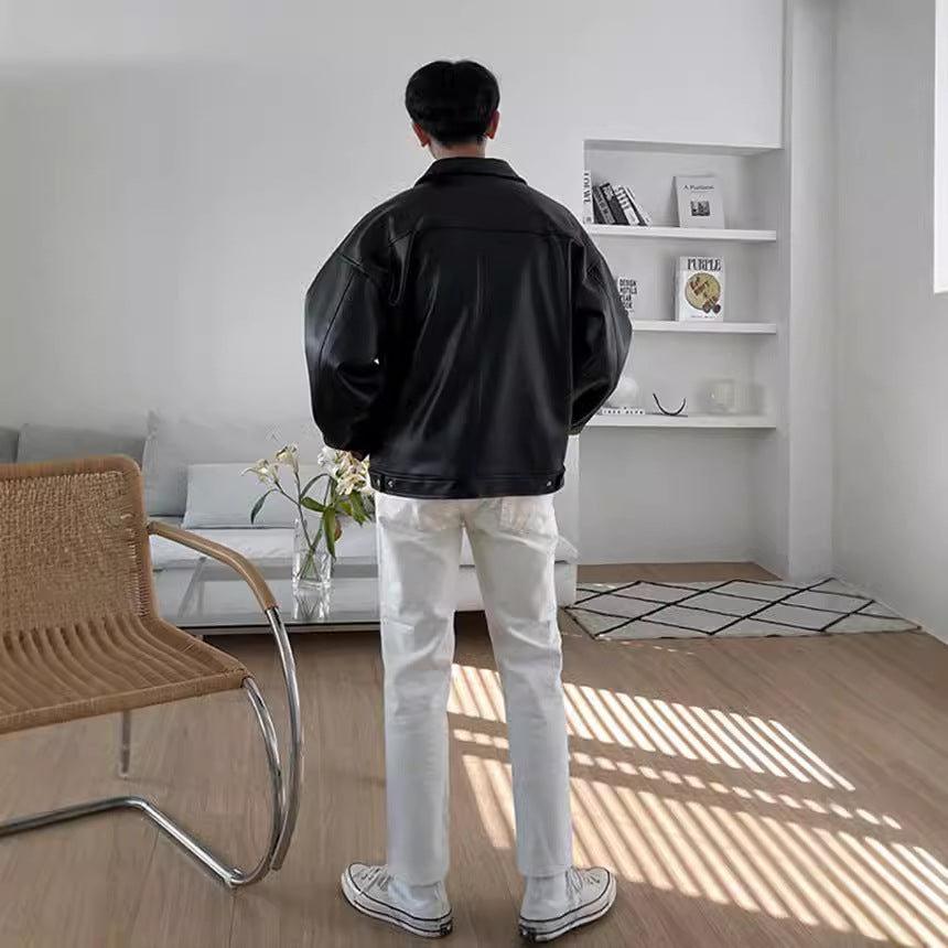 Men's leather moto baseball jacket lifestyle styled