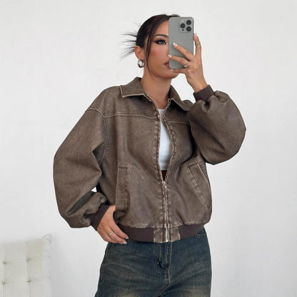Women's distressed leather jacket side view