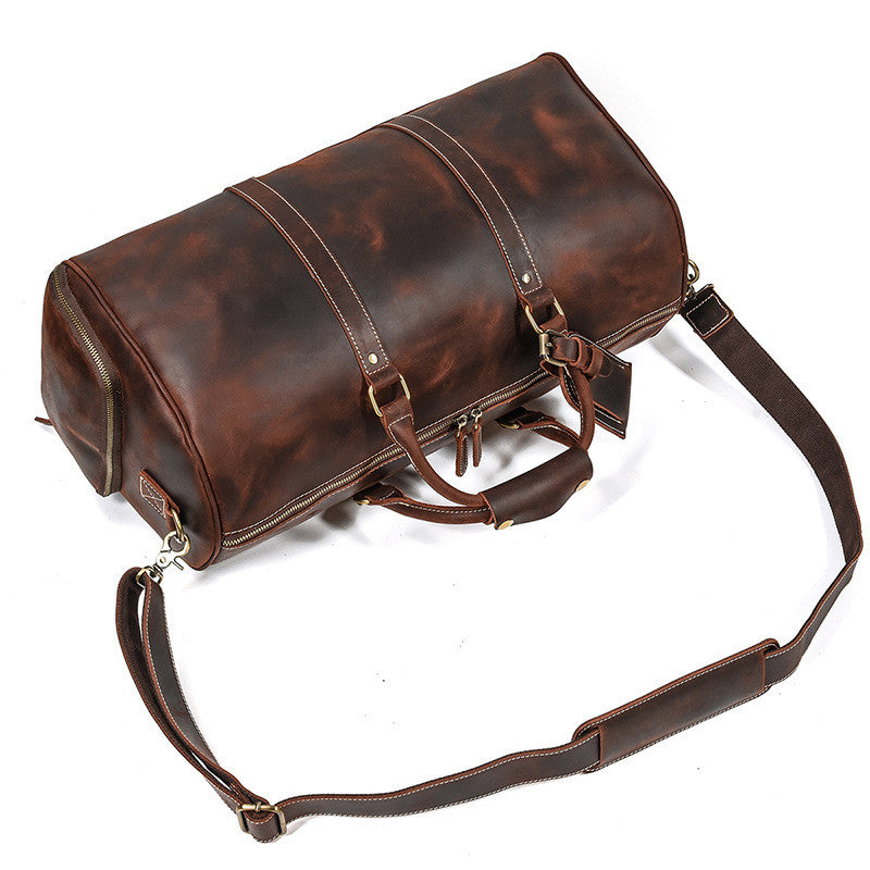 Montague leather duffle bag zipper close-up