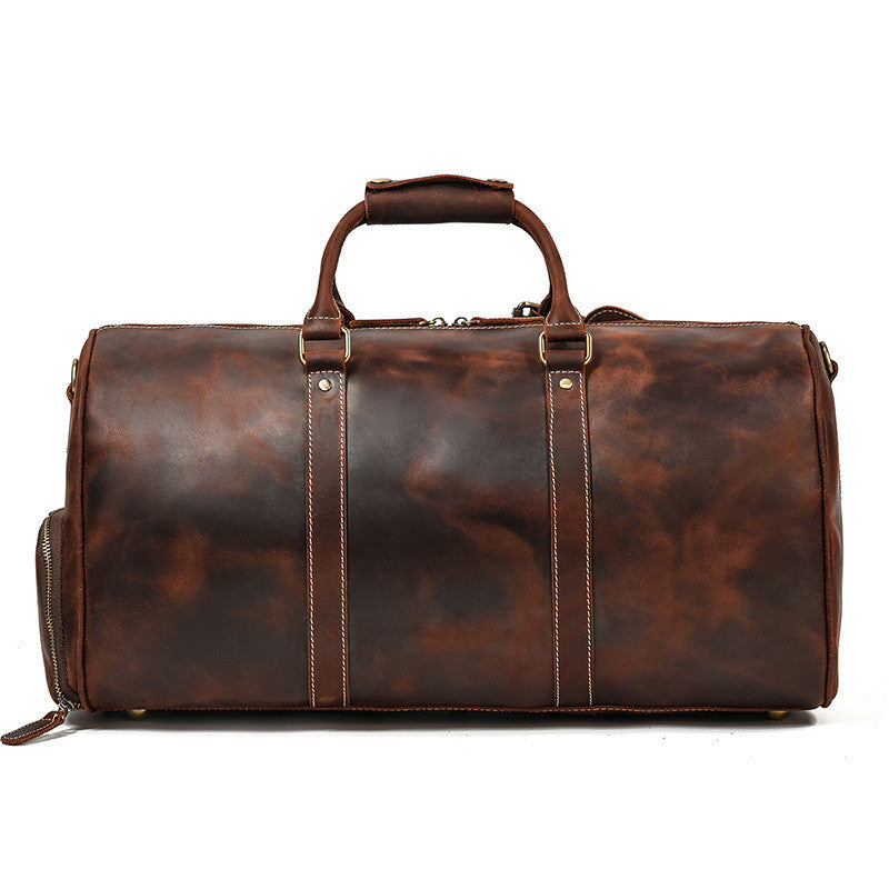 Montague leather duffle bag handle detail
