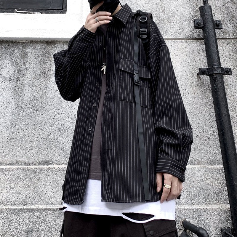 Men's retro striped loose shirt back view