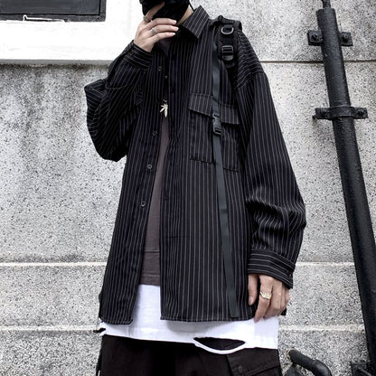 Men's retro striped loose shirt back view