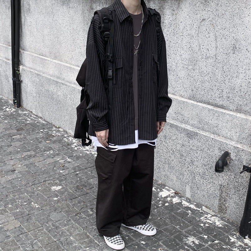Men's retro striped loose shirt collar detail
