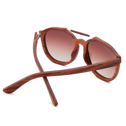 Trendy wood sunglasses wood frame close-up
