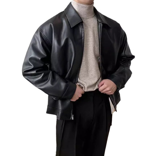 Men's leather moto baseball jacket streetwear style
