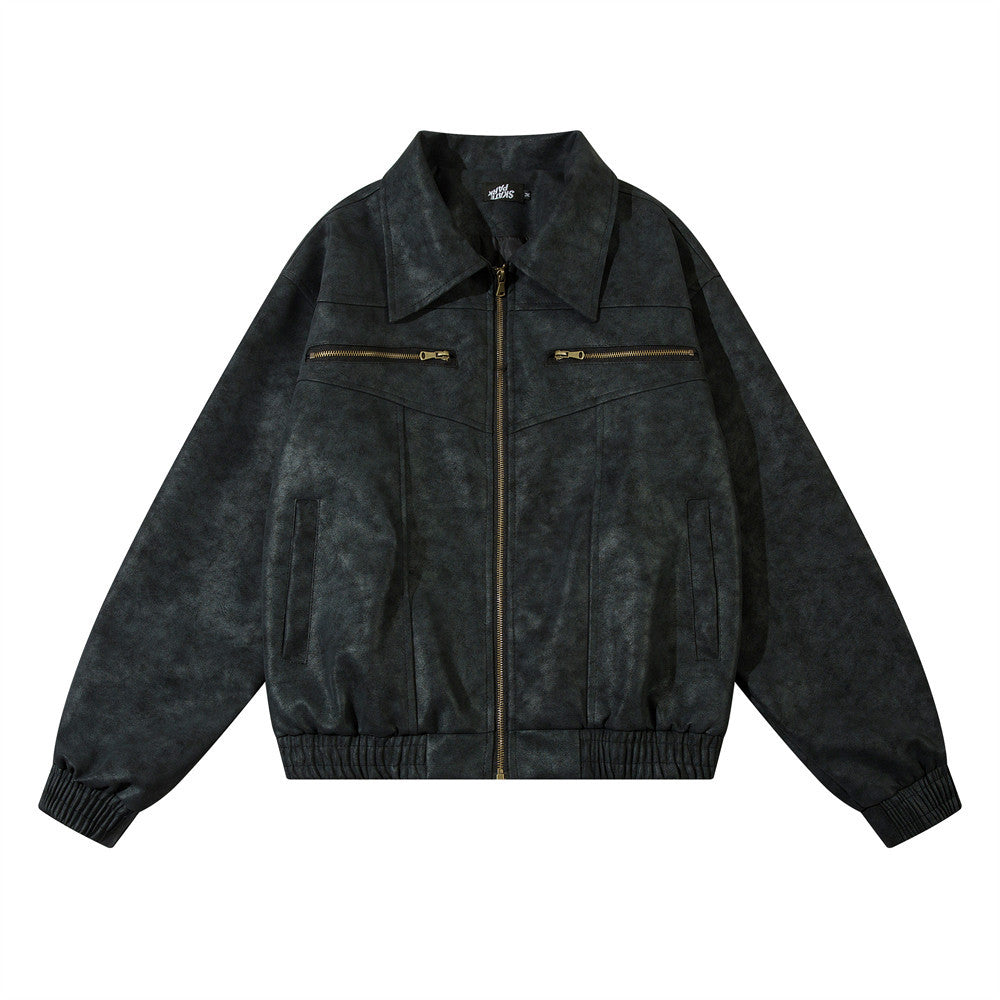 Men's vintage distressed leather jacket full length model