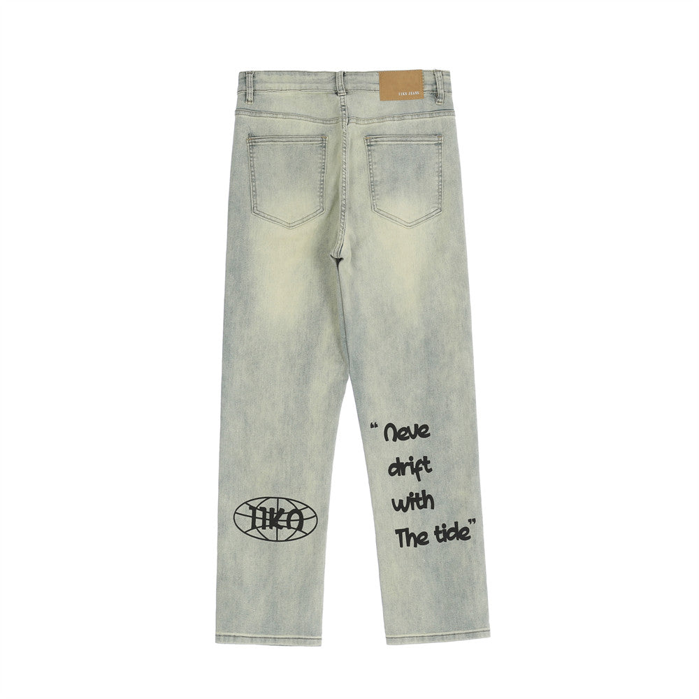 Men's washed printed jeans print detail close-up