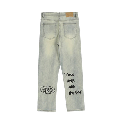 Men's washed printed jeans print detail close-up