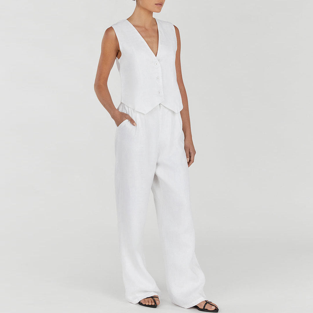 Classy lady linen two-piece set fabric close-up