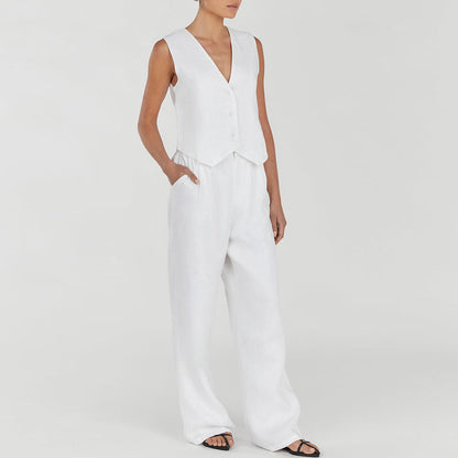 Classy lady linen two-piece set fabric close-up