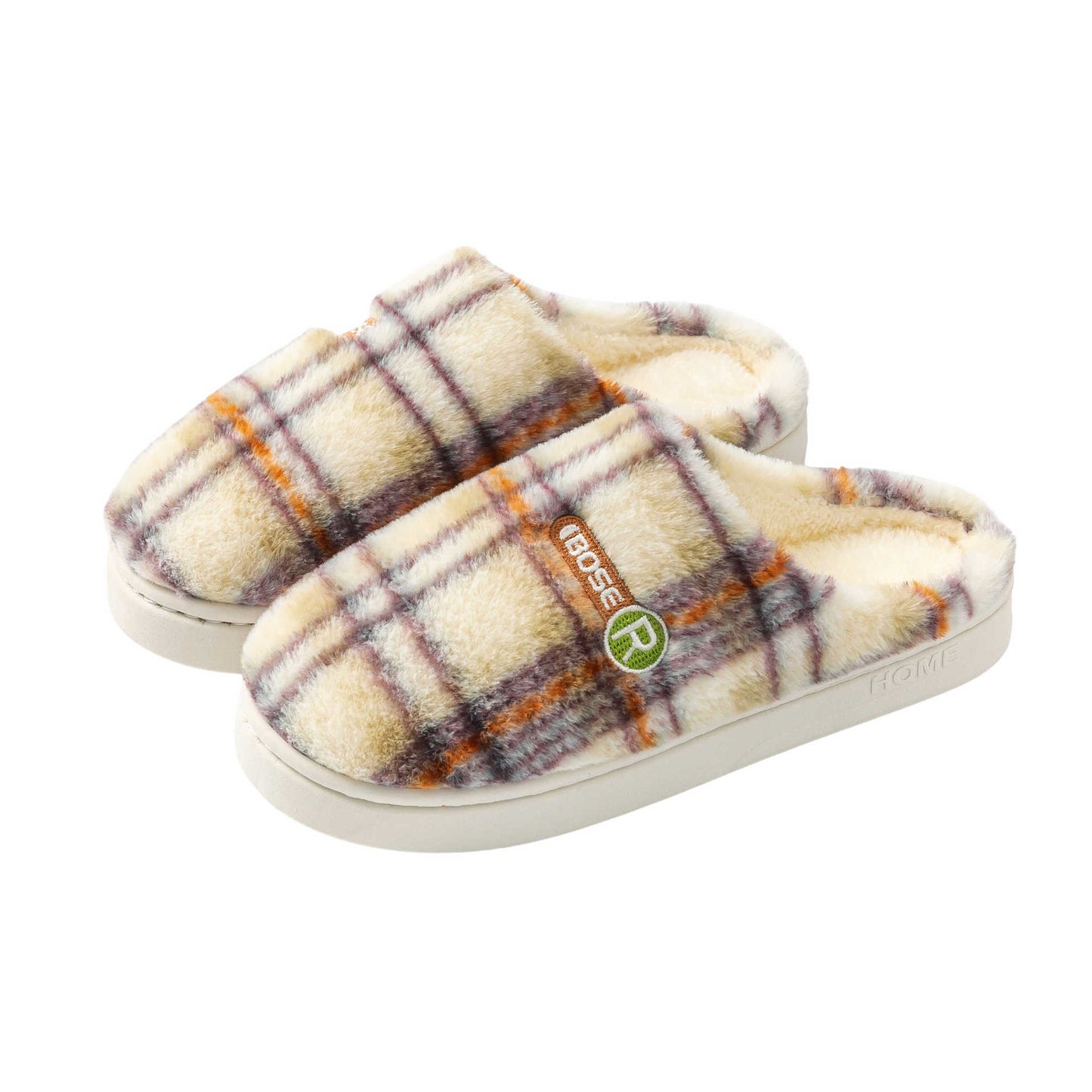 Plush plaid home shoes sole view