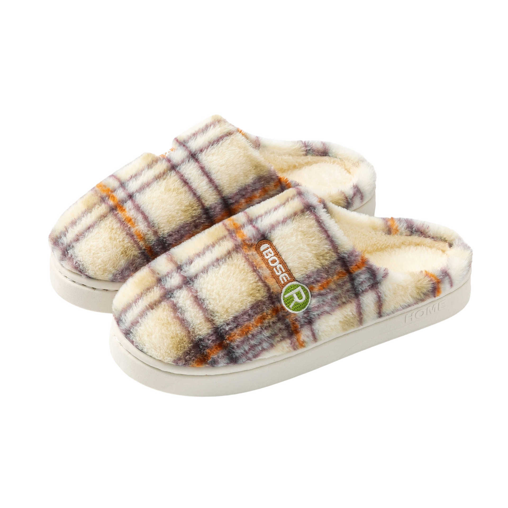 Plush plaid home shoes sole view