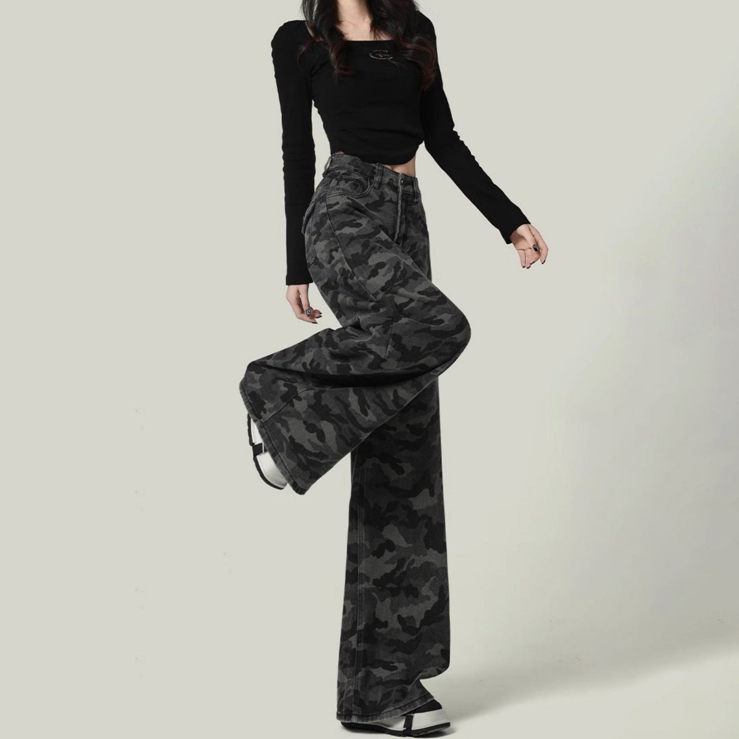 Camo wide leg jeans back view