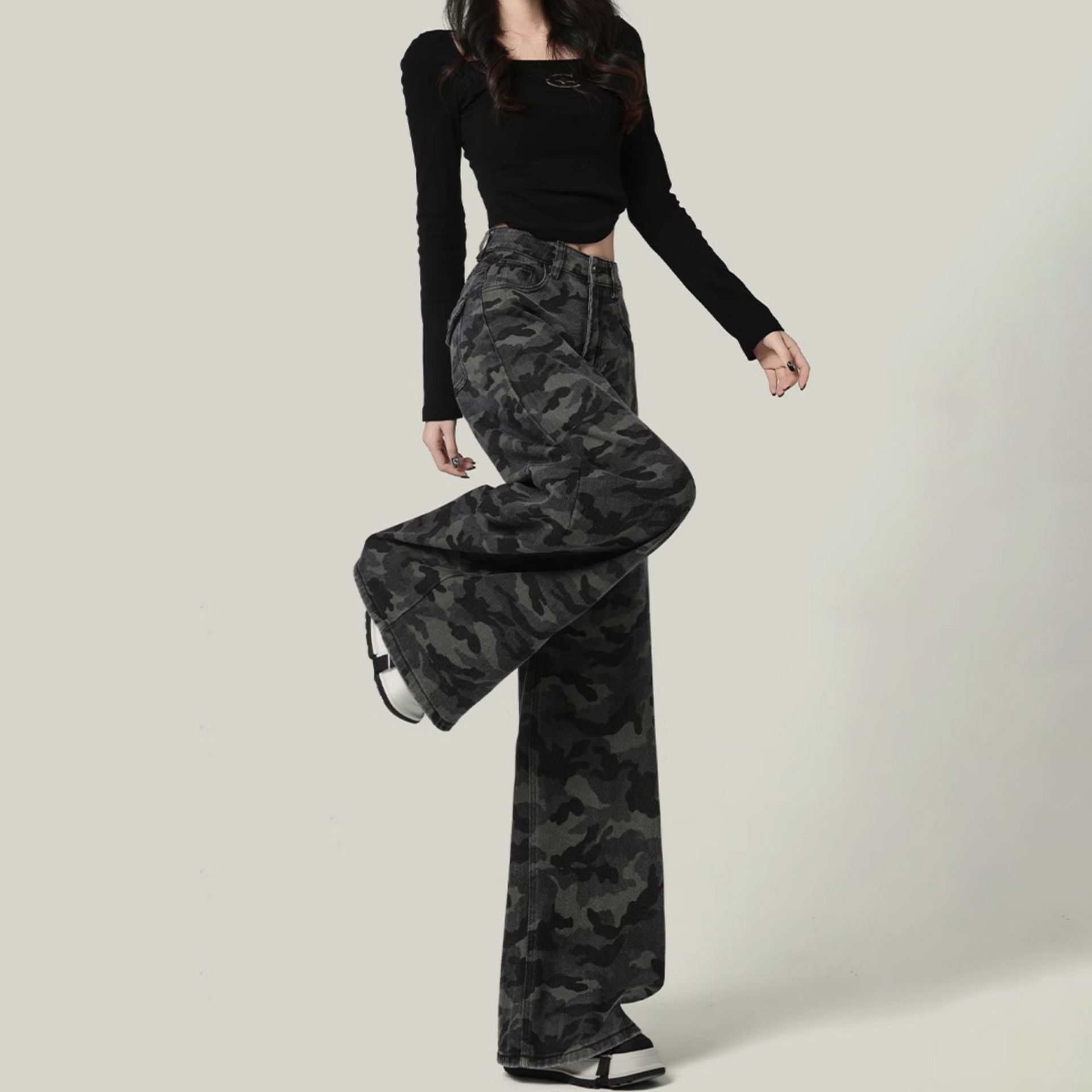 Camo wide leg jeans back view