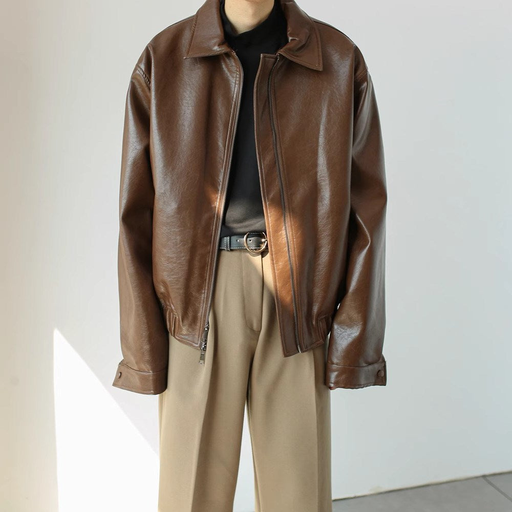 Retro short leather coat collar detail