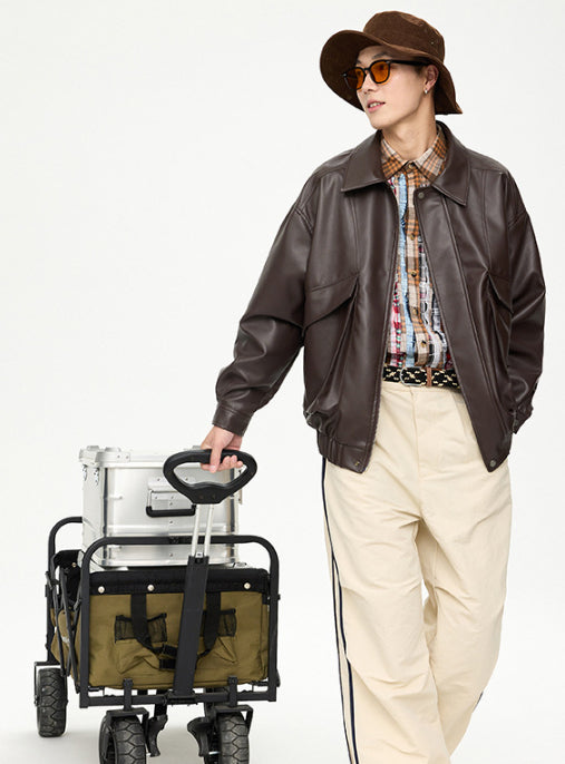 Men's retro street PU jacket fabric close-up