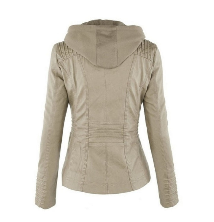 Detachable hood leather jacket hood detail