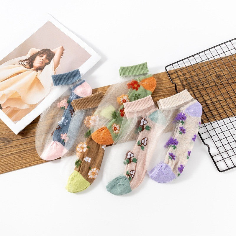 Floral sheer mesh socks color options