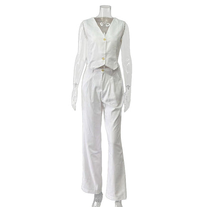 Classy lady linen two-piece set full length model