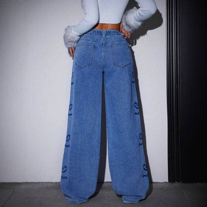 Printed wide leg jeans back view