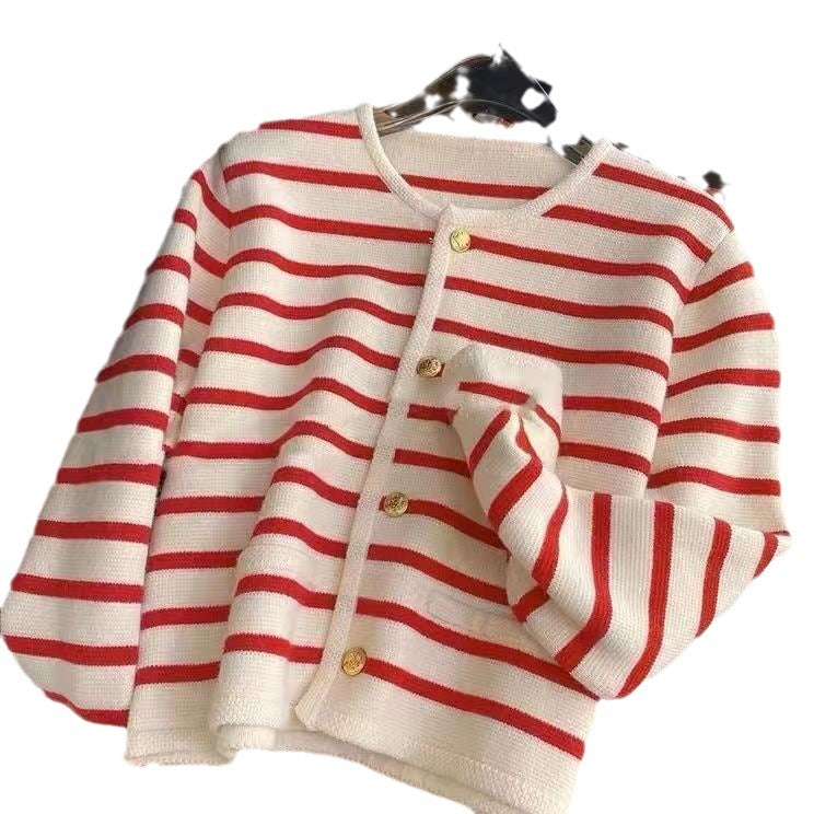 Women's premium striped wool vest full length model