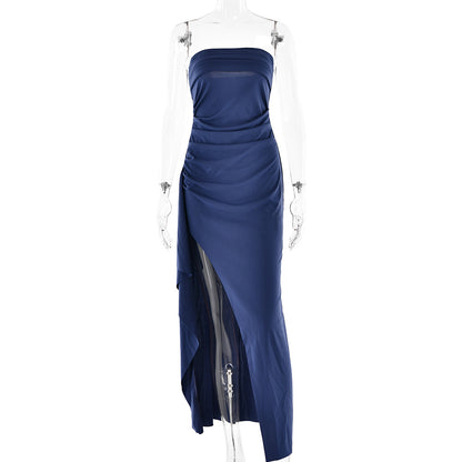 Strapless pleated split dress full length