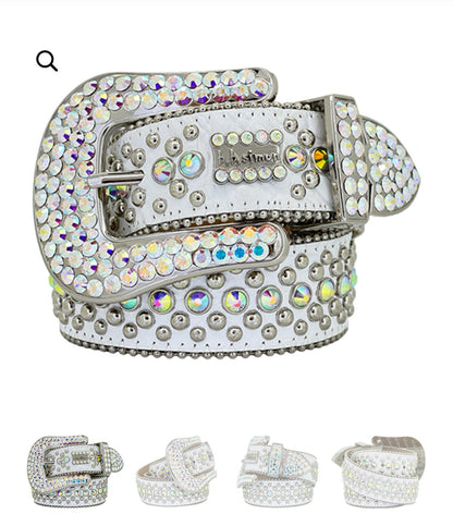 Rhinestone leather belt buckle detail