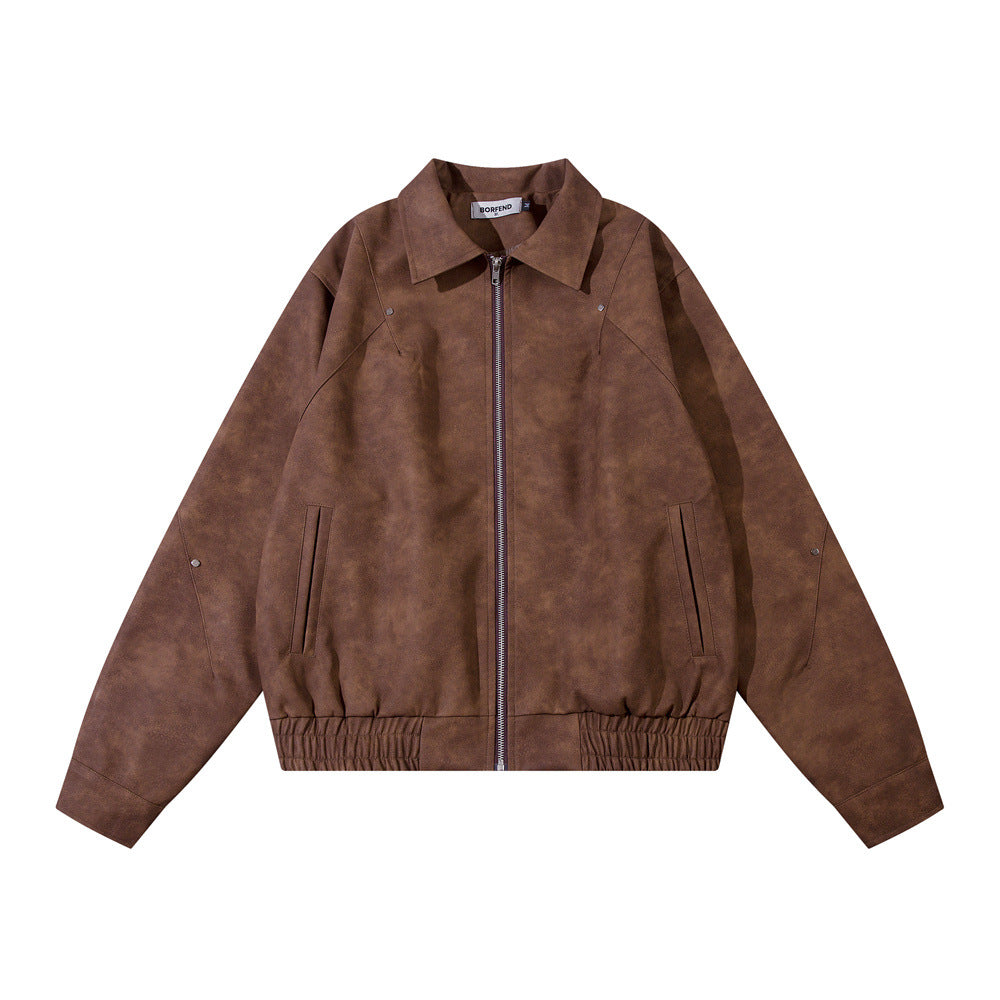 Men's polo collar leather coat pair view