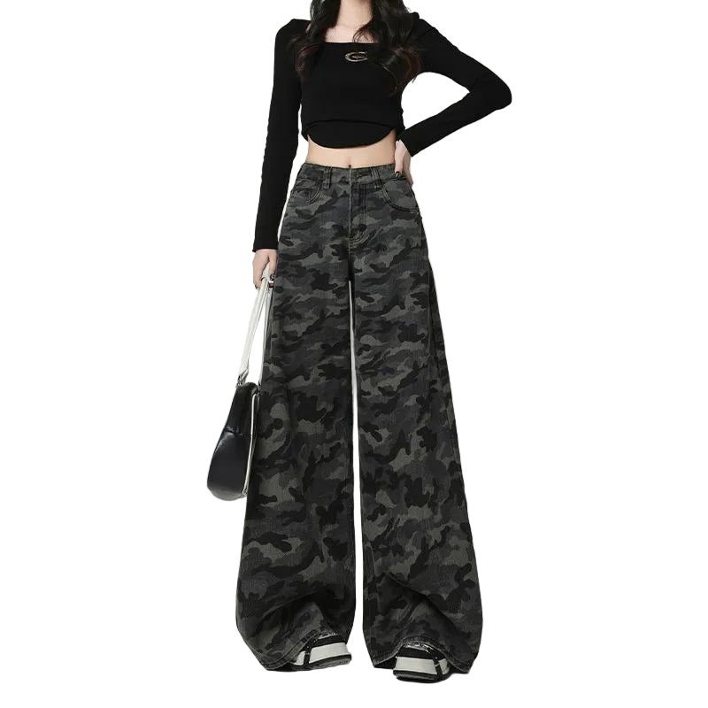 Women's camo print wide leg jeans casual fashion