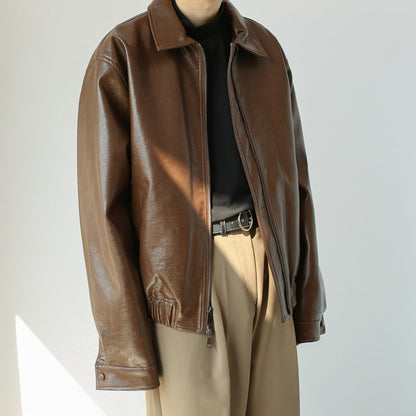 Retro short leather coat full length
