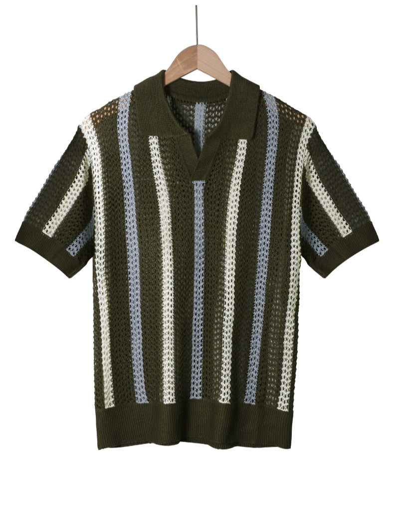 Resort knit stripe polo close-up detail