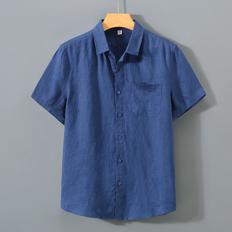 Men's short sleeve linen shirt fabric close-up