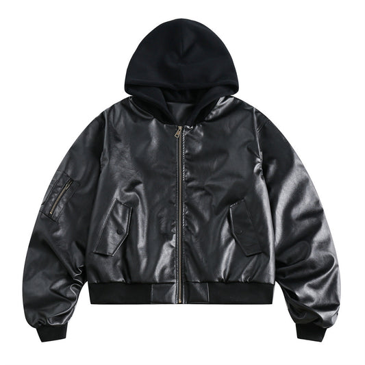 Men's hooded PU workwear jacket casual streetwear