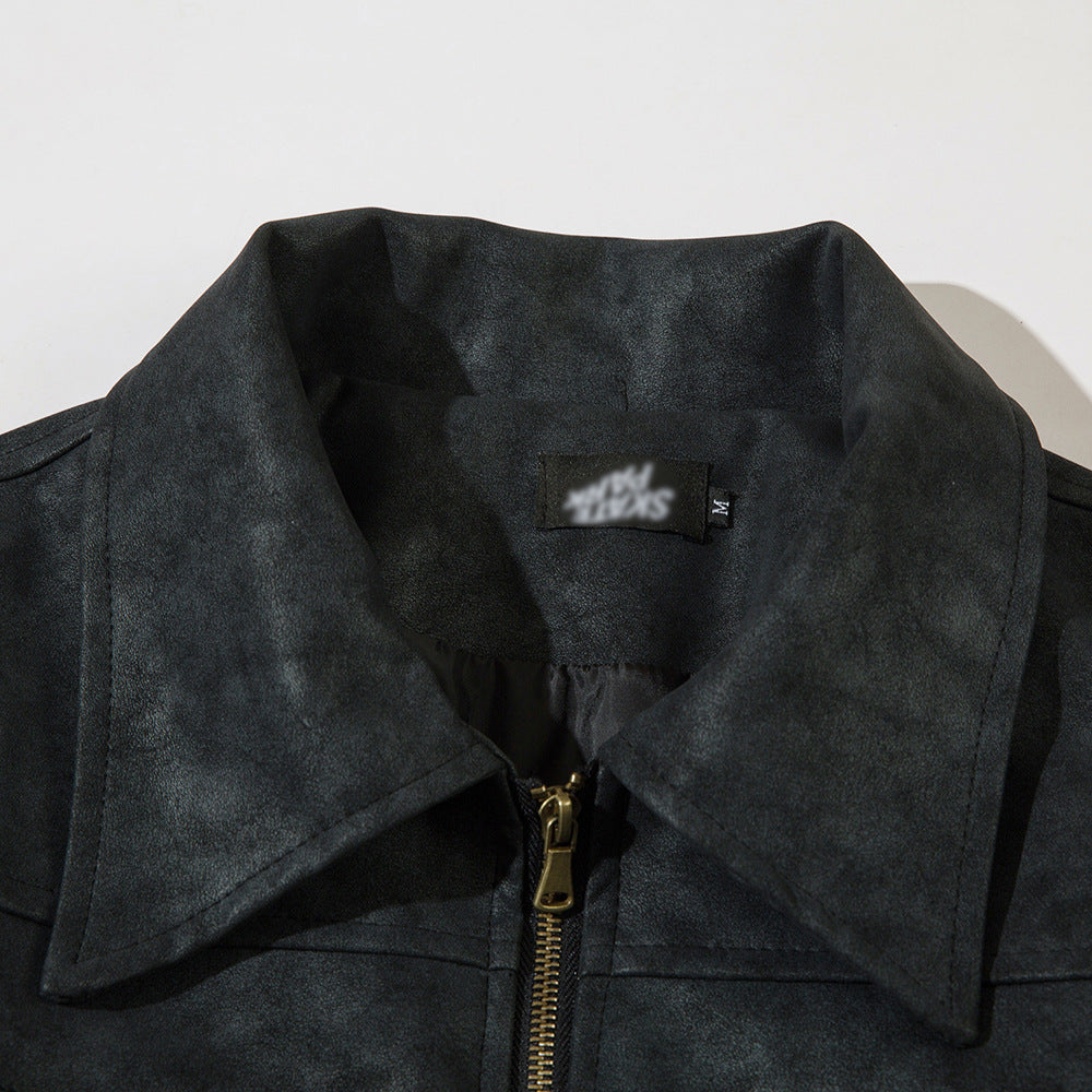 Men's vintage distressed leather jacket back view
