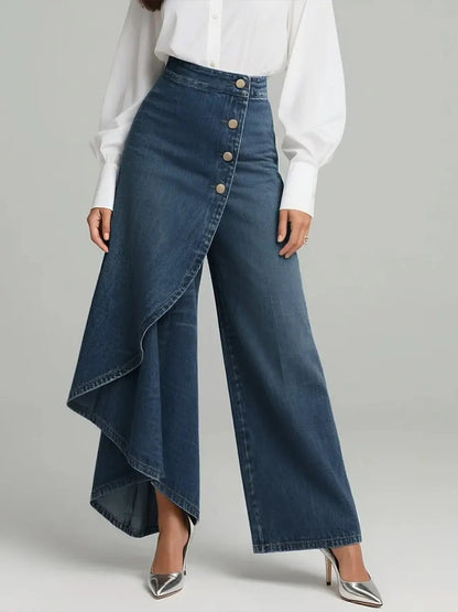Ruffled button straight pants full length