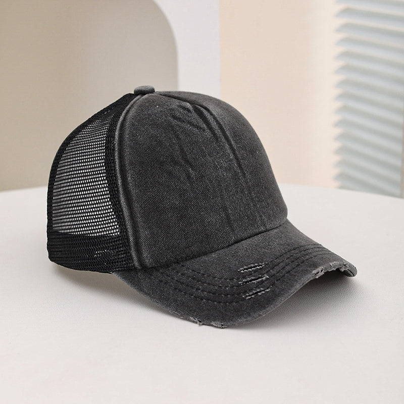 Frayed mesh cap side view
