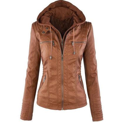 Detachable hood leather jacket close-up