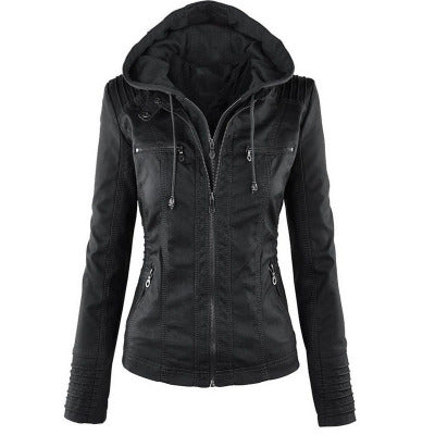 Detachable hood leather jacket full length
