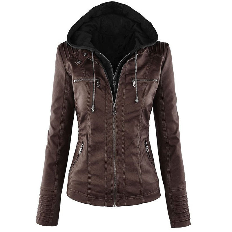 Detachable hood leather jacket styled