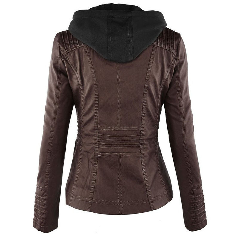Detachable hood leather jacket back view