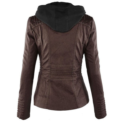 Detachable hood leather jacket back view