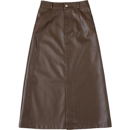 Black PU midi skirt side view